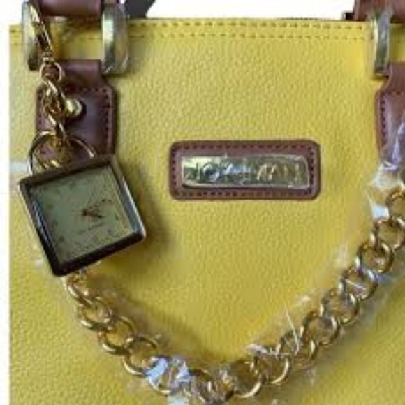 Joy & Iman Satchel Dome Handbag Faux Leather Yellow and Tan - NWT - Picture 3 of 15